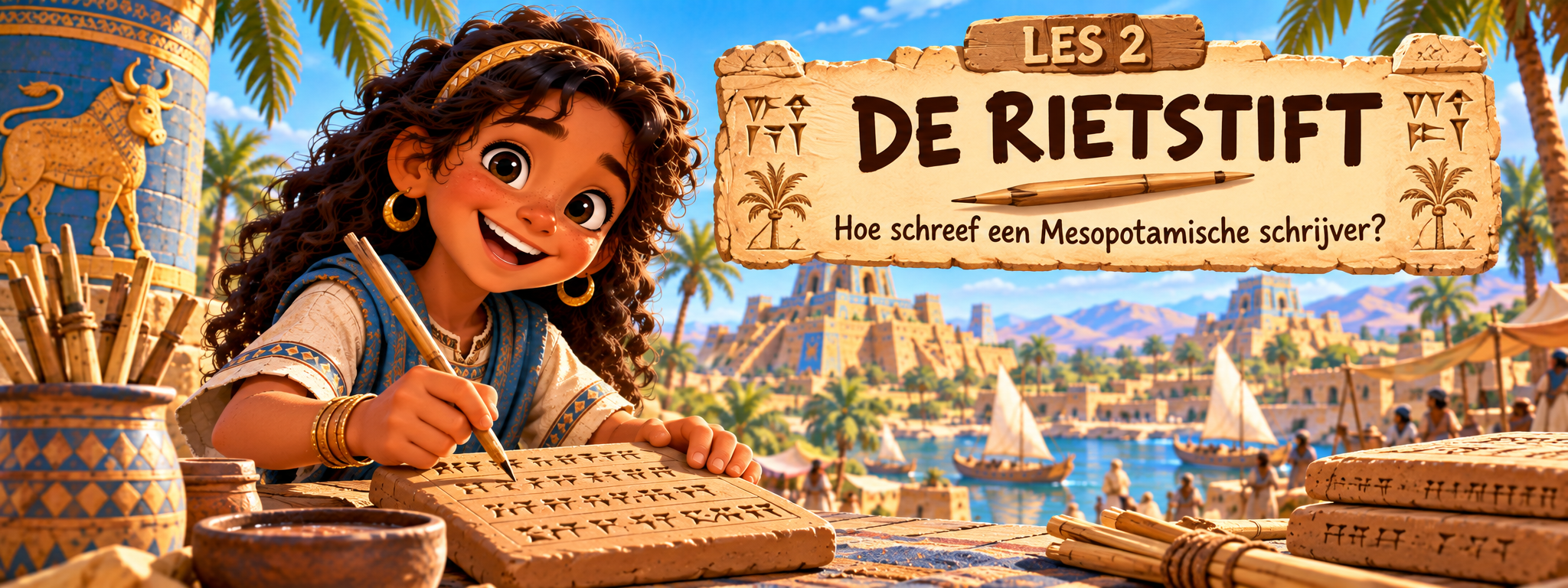 Les 2 — De rietstift: een jonge schrijver oefent met een rietstift en kleitablet